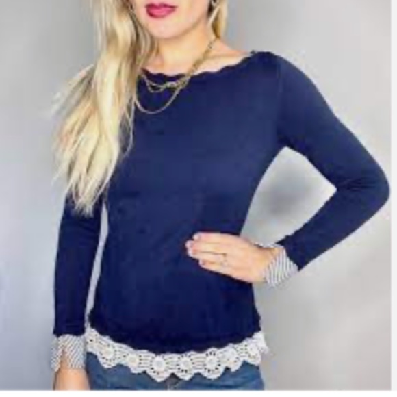 White House Black Market Sweaters - WHBM Navy Long Sleeve Sweater with Crochet Stripe Accent Cuffs Hem sz small